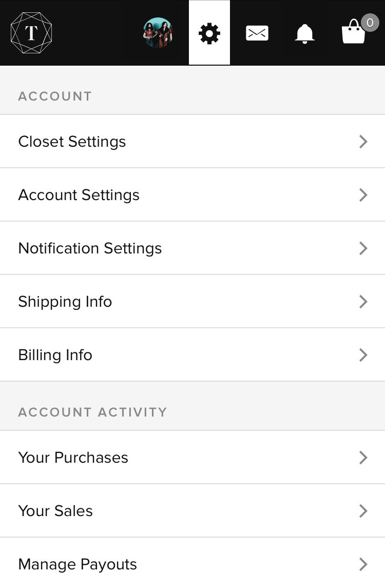 Tradesy mobile account management screen