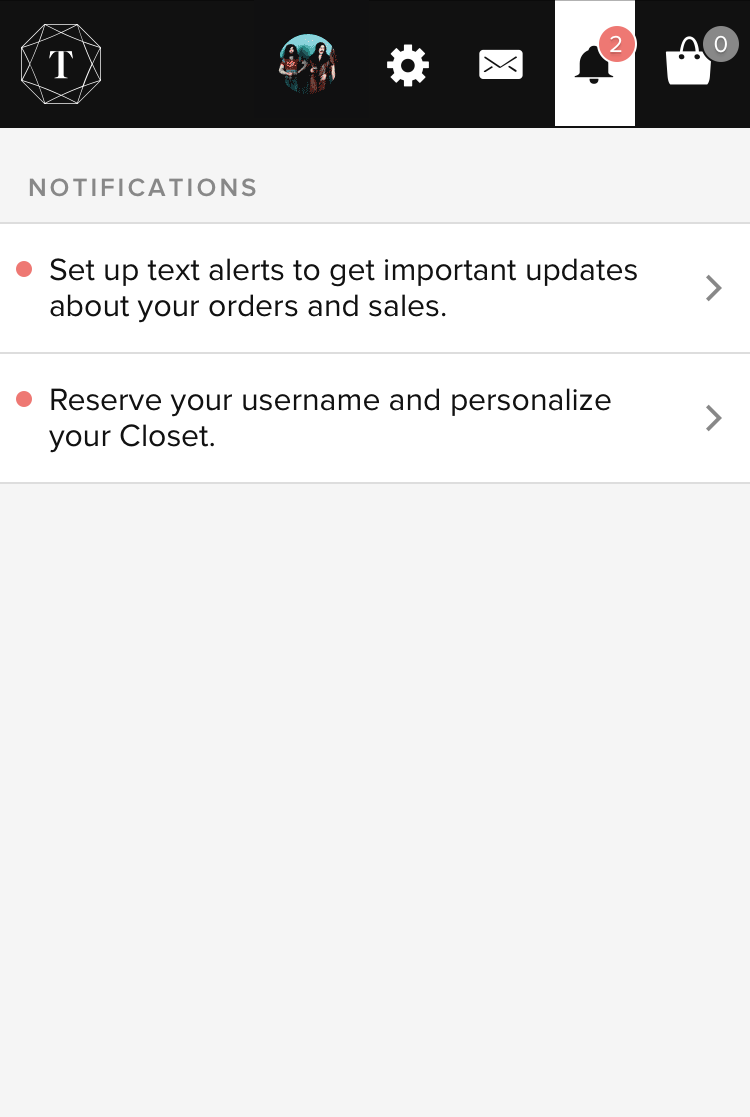 Tradesy mobile in-app notifications screen