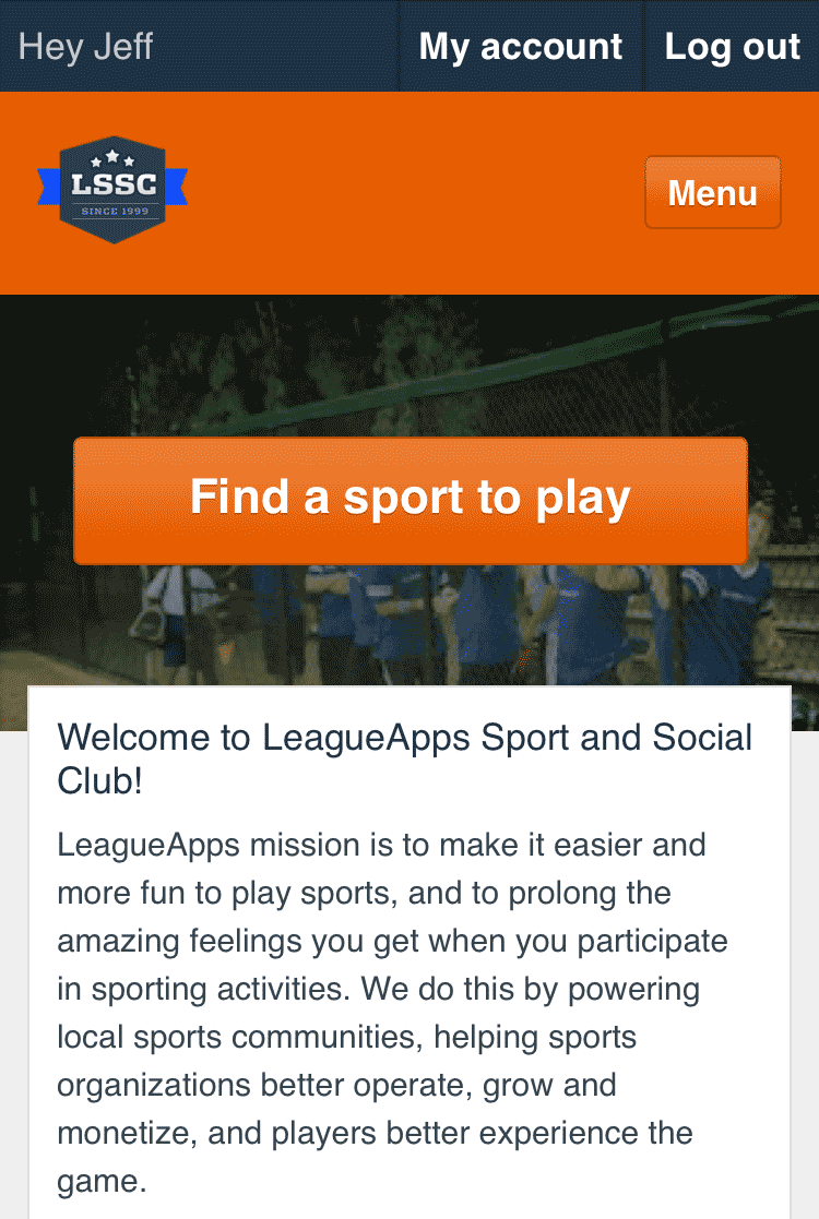 LeagueApps mobile logged in screen